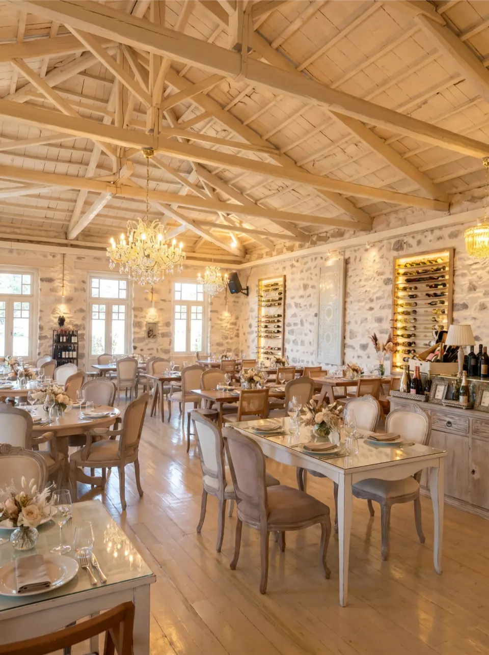 Bright dining room at Medusa with stone walls and chandeliers