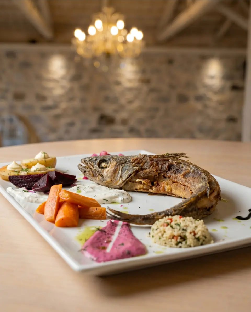 Whole fish with vegetables and couscous at Medusa